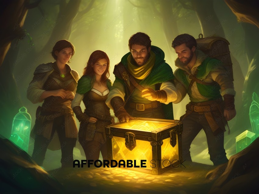 Four adventurers open a chest in the forest