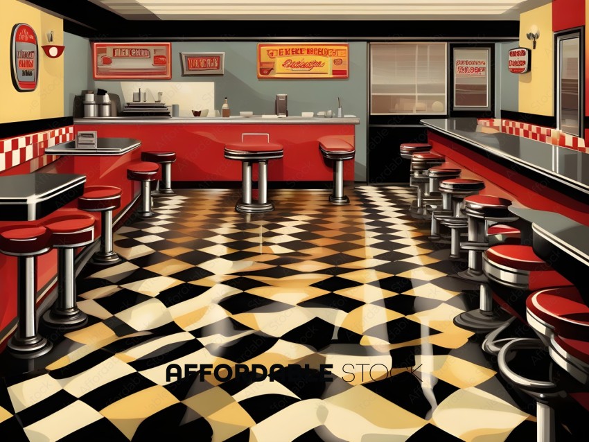 A diner with a checkered floor and red and black checkered table cloths