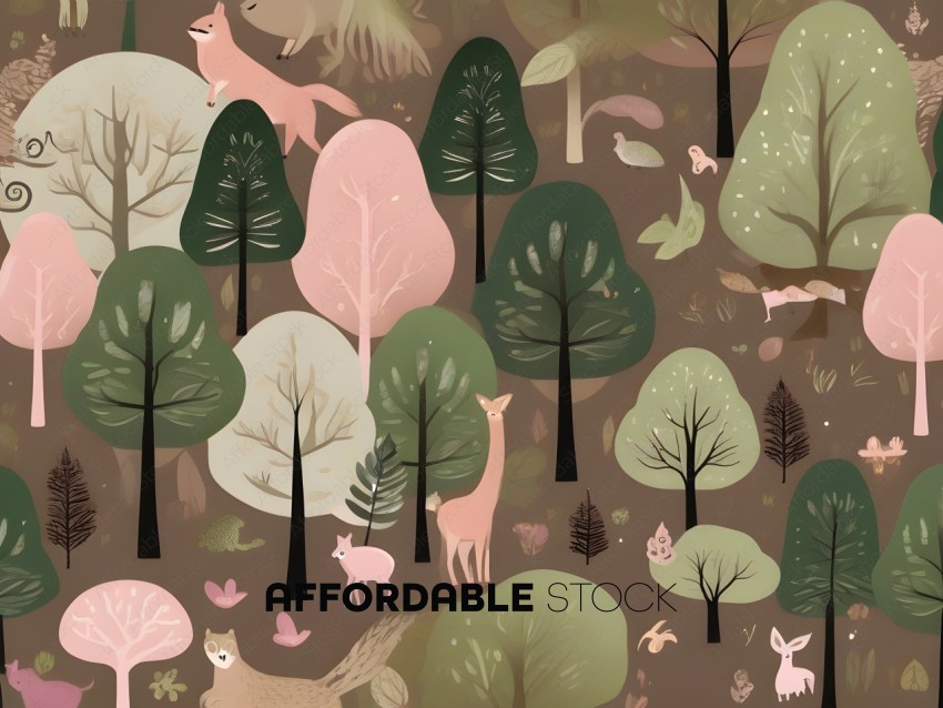 A colorful illustration of a forest with various animals