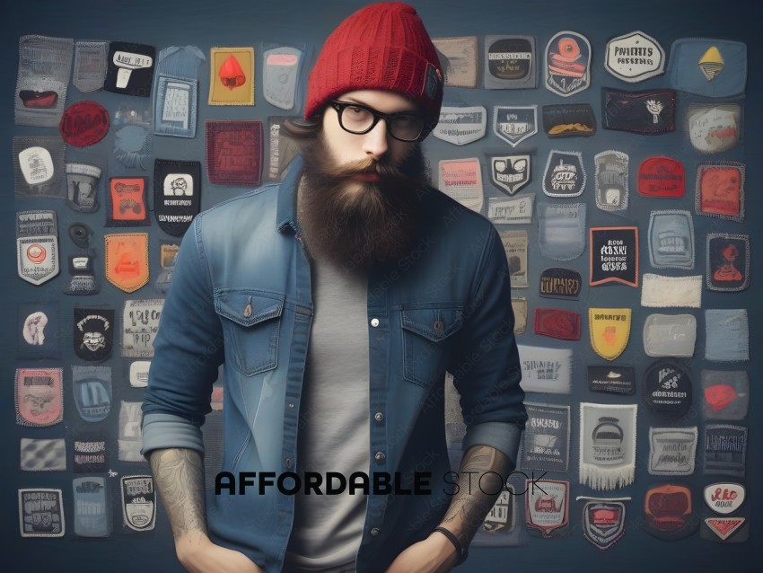 Man with beard and glasses in front of a wall of patches