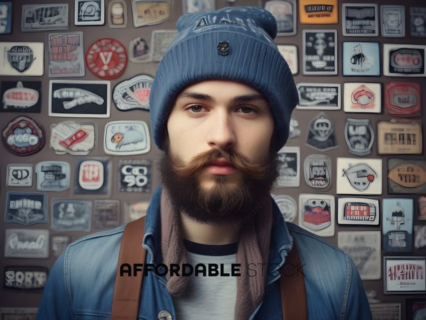 Man with beard and hat in front of wall of stickers