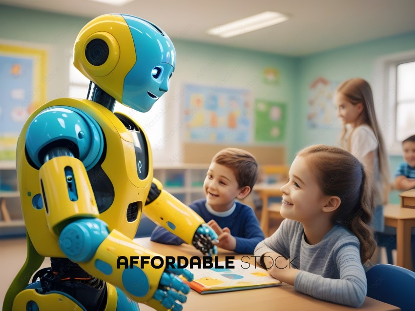 A robot interacting with two children in a classroom