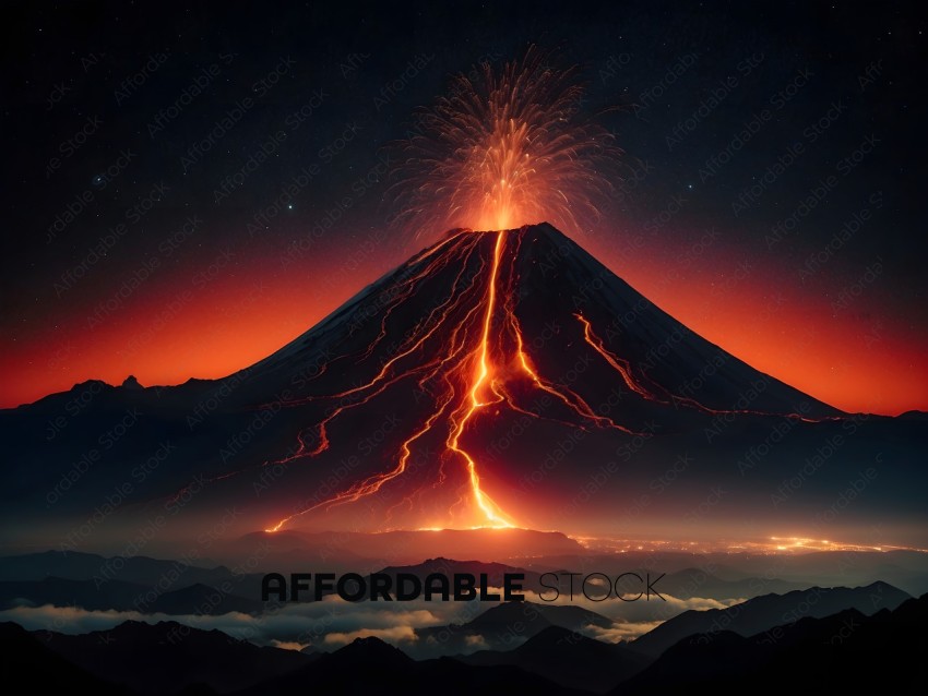 A volcano eruption with a red glow