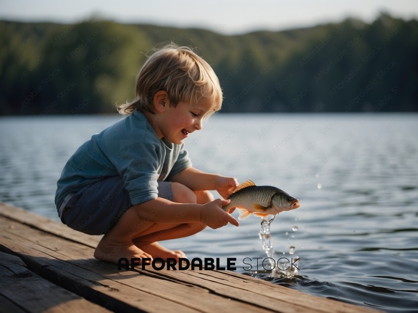 Little boy catches fish on dock