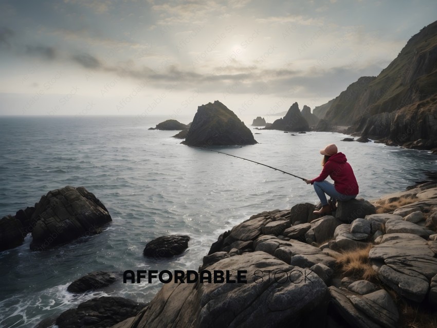 A Woman Fishing on a Rocky Shore