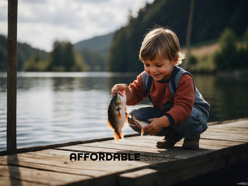 Little boy holding fishing pole with fish