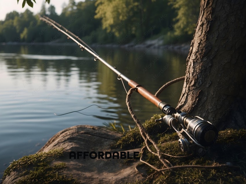 A fishing pole with a reel and line on a rock