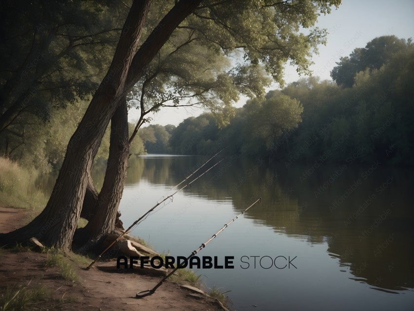 A fishing rod leans against a tree by a river