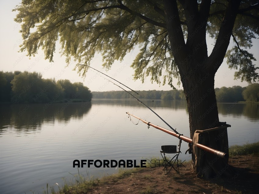 A fishing rod leans against a tree by a lake