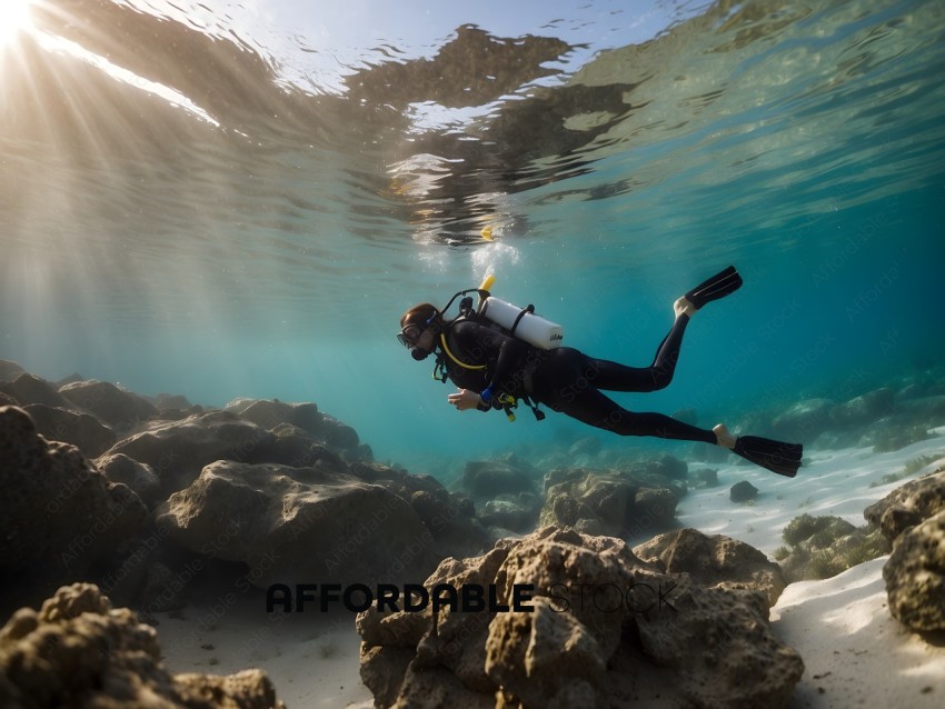 Diver underwater with a yellow object in the background