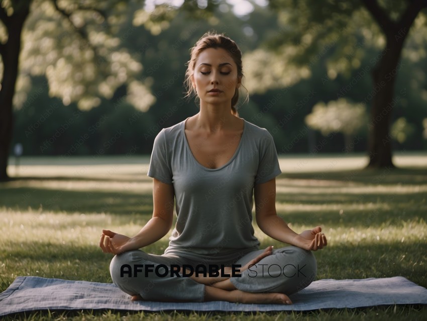 A woman in a grey shirt and pants meditating in a park