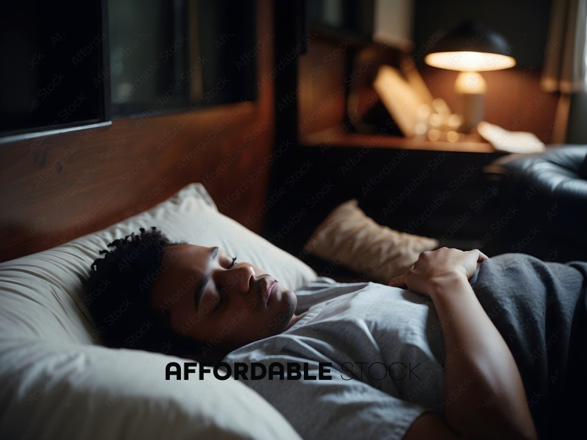 A man in a grey shirt sleeping in a bed