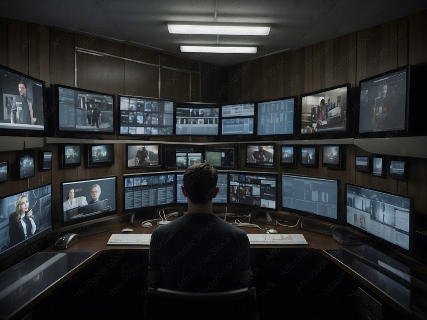 A man is sitting at a desk with many monitors