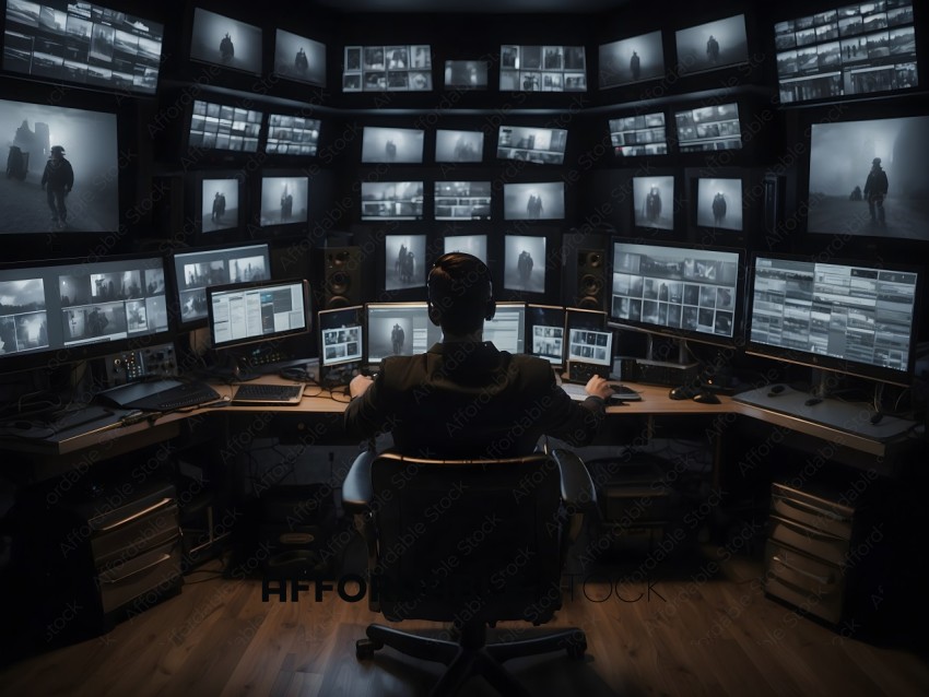 A man in a suit is sitting in front of a large number of monitors