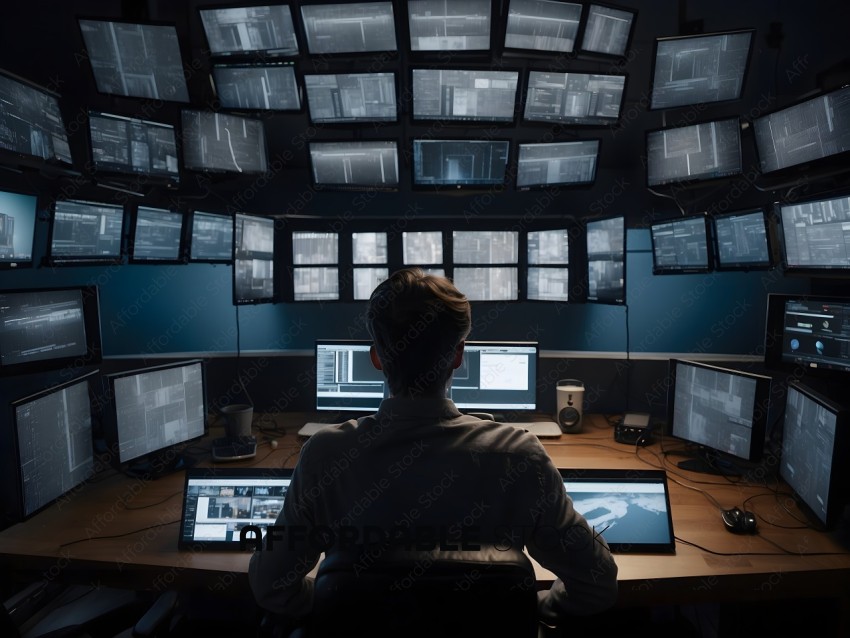 Man in front of multiple monitors