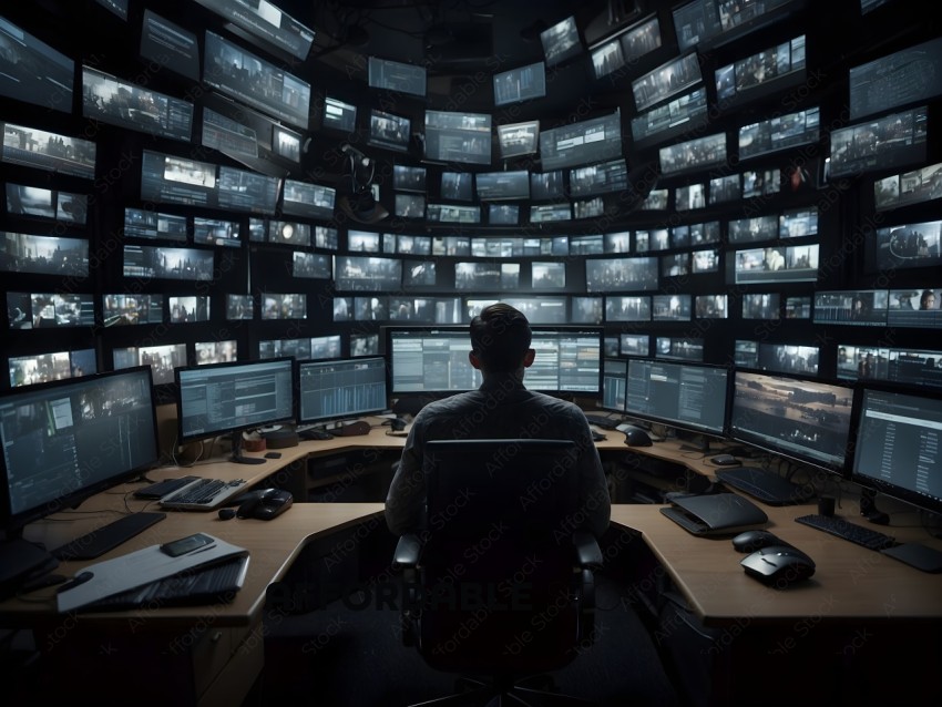 A man is sitting in front of a large number of monitors