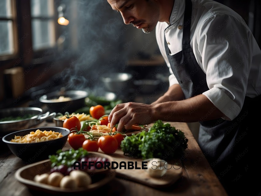 A chef preparing a meal with fresh vegetables