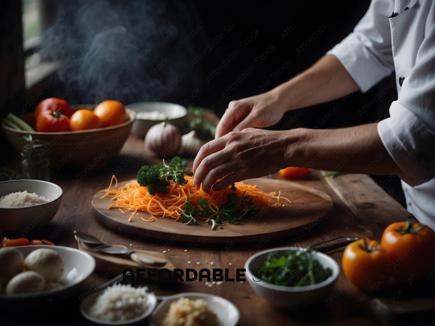 A person preparing a meal with fresh vegetables