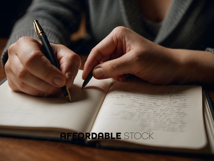 A person writing in a journal with a pen