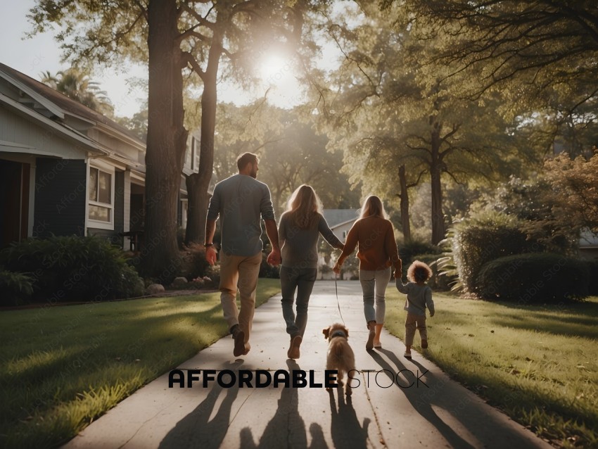 A family of four walking their dog down a sidewalk
