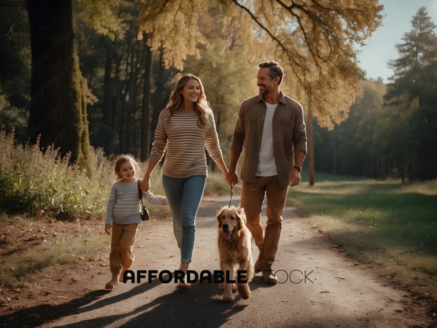 A family of four walking down a path with a dog