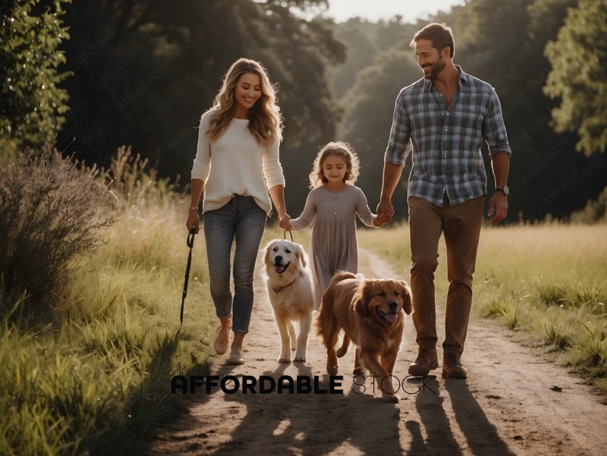 A family of three walking their dogs on a dirt path