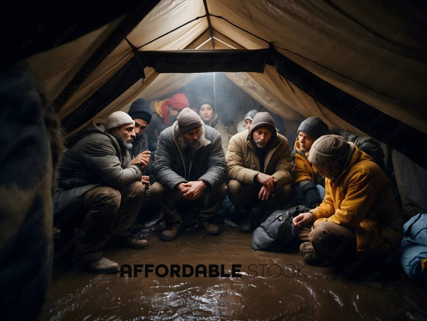 A group of men sit in a tent, smoking and drinking
