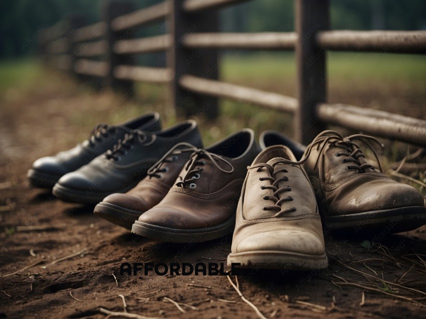 A row of shoes lined up on a dirt ground