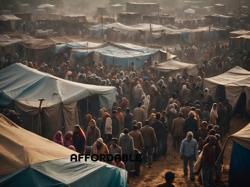 Crowd of people walking through a marketplace