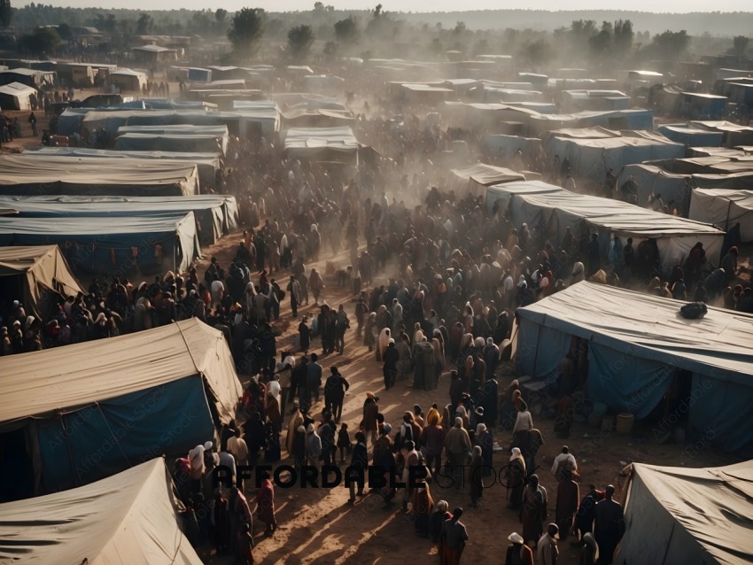 Crowd of people in a tent city