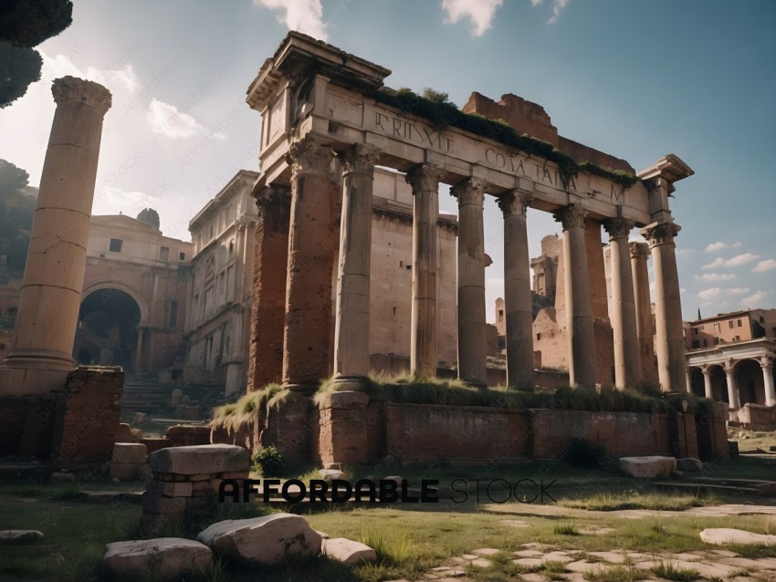 Ancient Roman Ruins with Columns and Grass