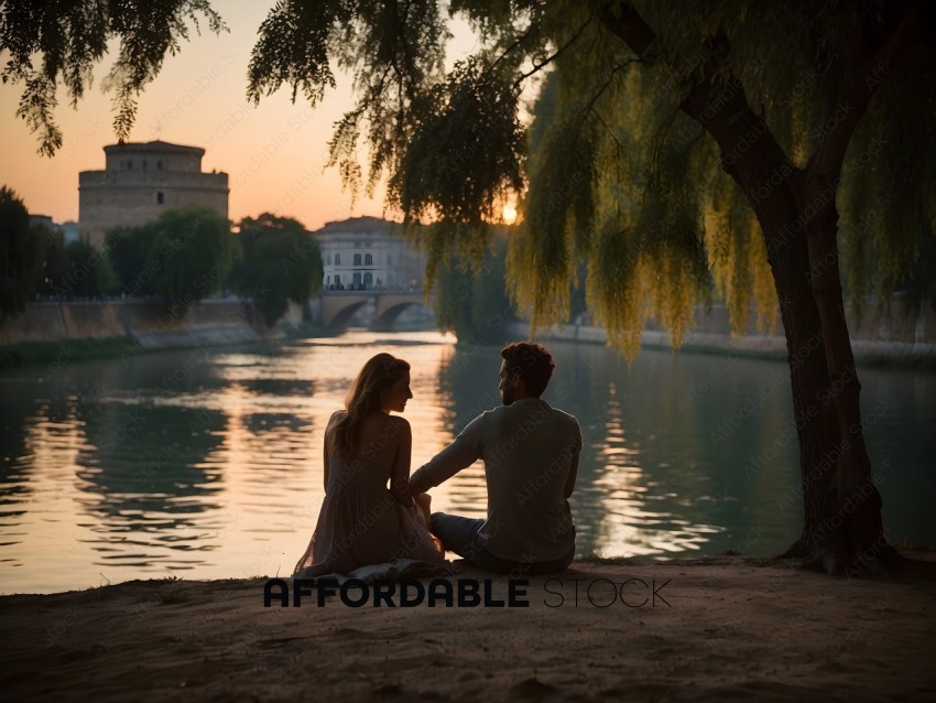A couple sits by a river at sunset