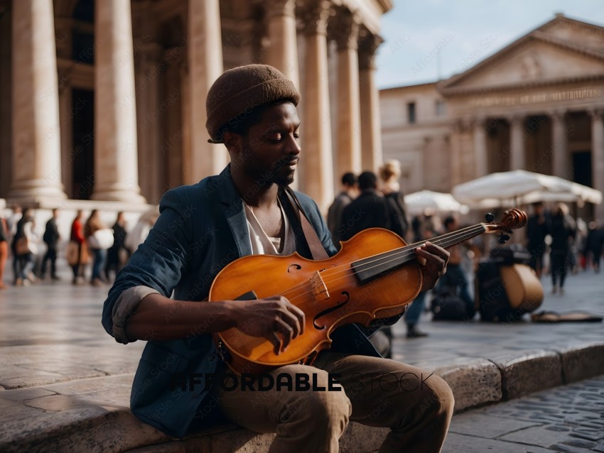 A man playing a violin in a public place