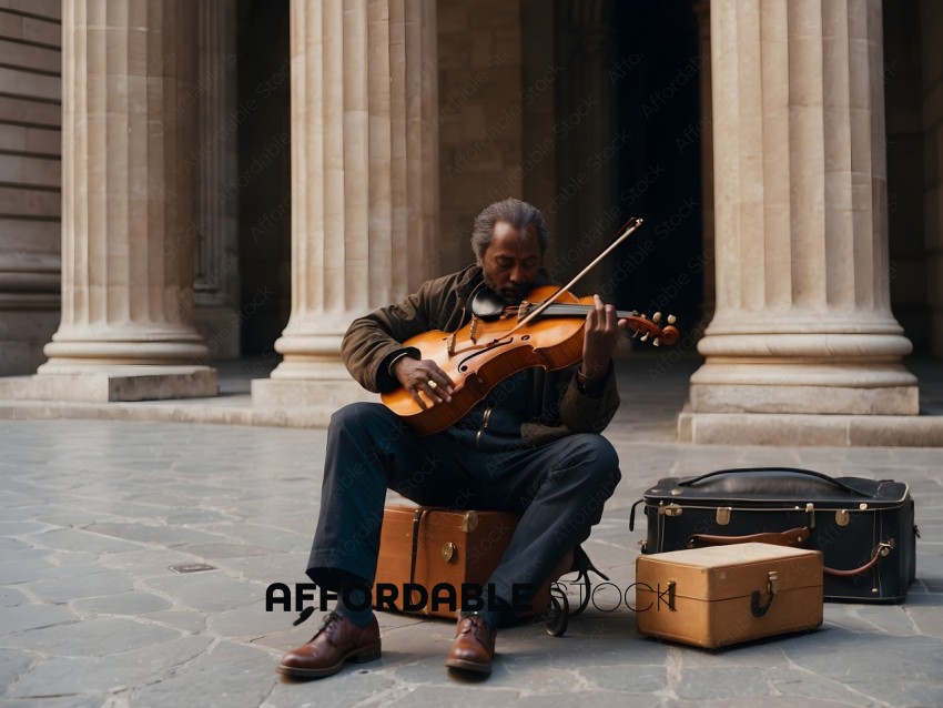 A man playing a violin in front of a building