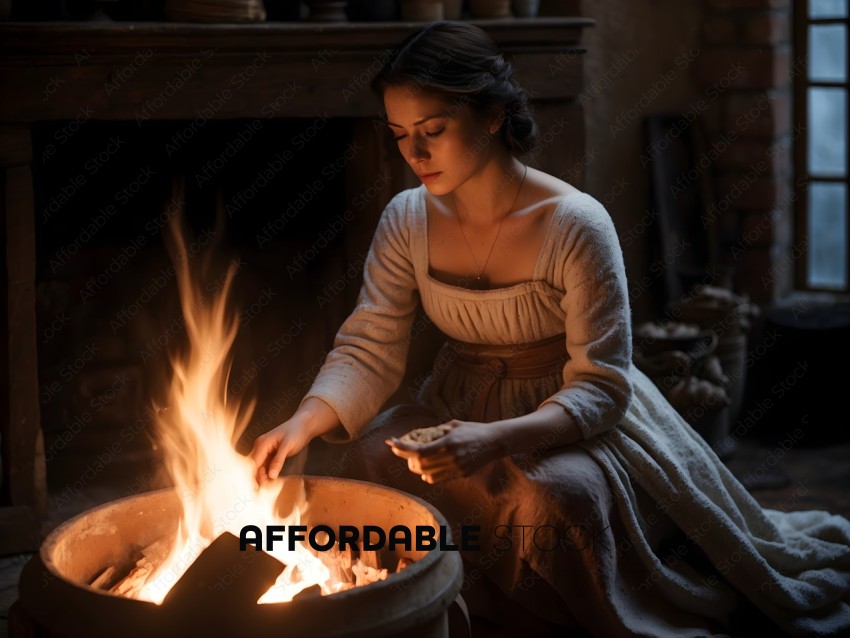A woman sitting by a fire, holding a piece of bread