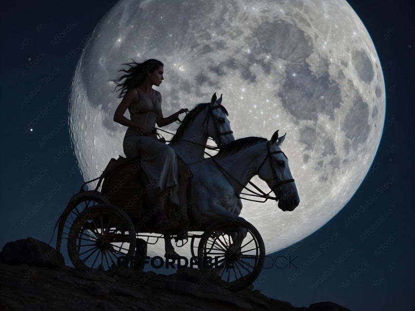 A woman riding a horse under a full moon