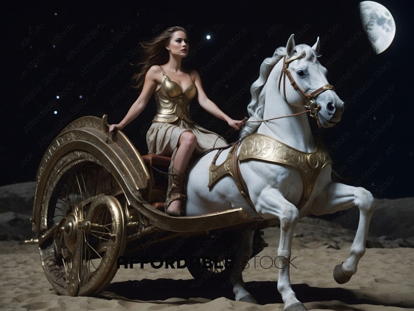 A woman in a gold dress rides a white horse