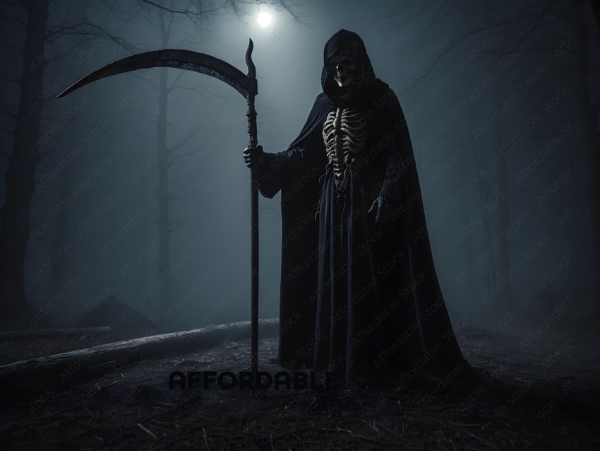 A skeleton in a black robe stands in the woods