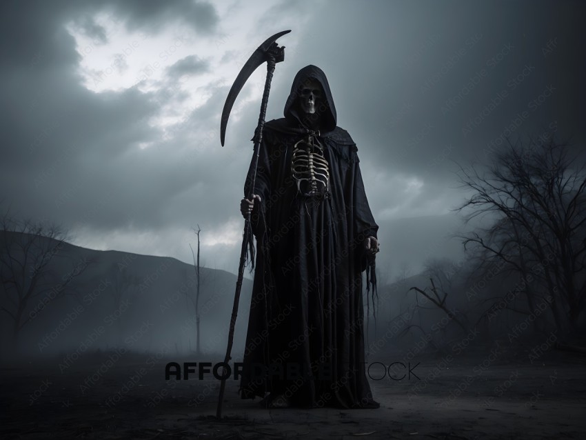 A skeleton in a black robe stands in a dark, foggy area