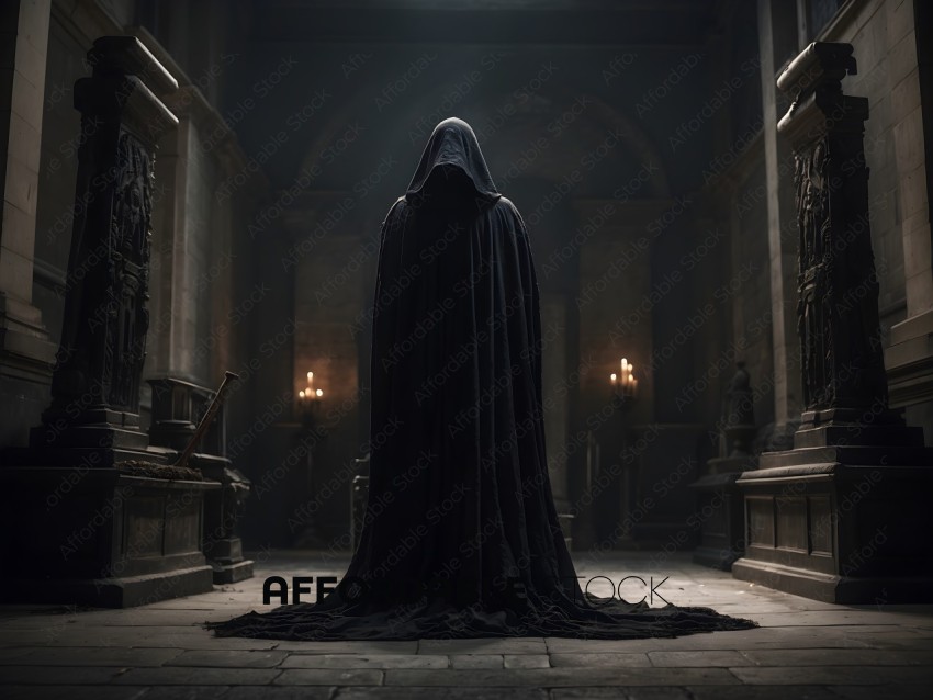 A person in a black cloak standing in a dark room