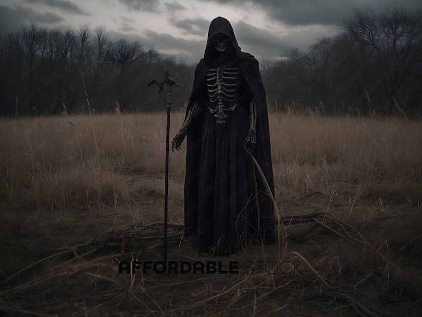 Skeleton in black robe standing in a field