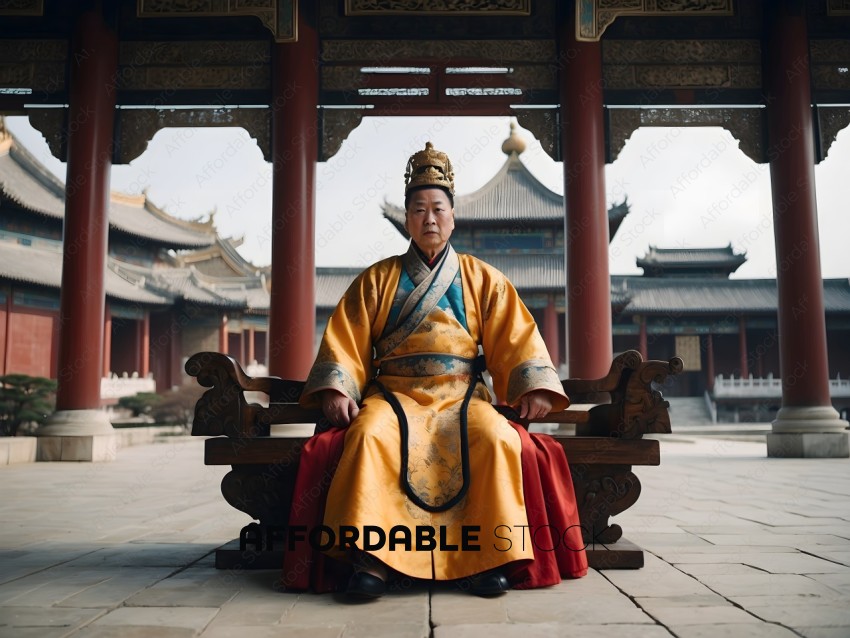 A man in a gold and blue robe sitting on a bench