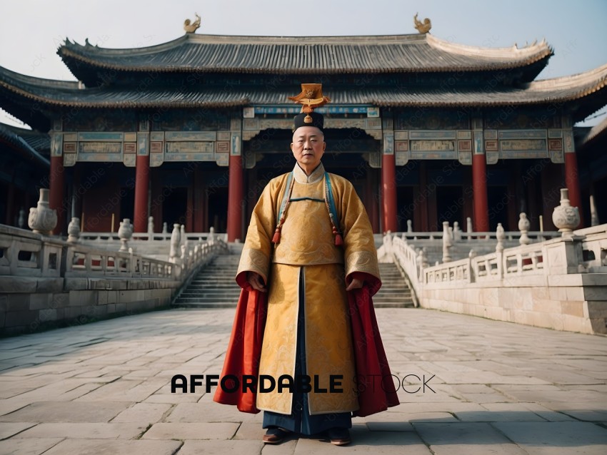 A man in a traditional Chinese outfit stands in front of a building