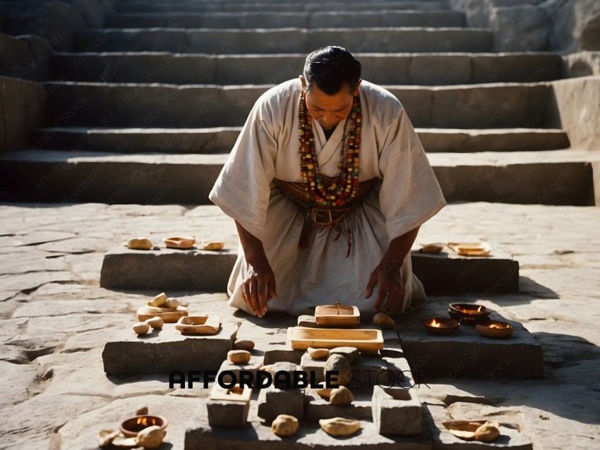 Man kneeling down with a lot of bowls and candles