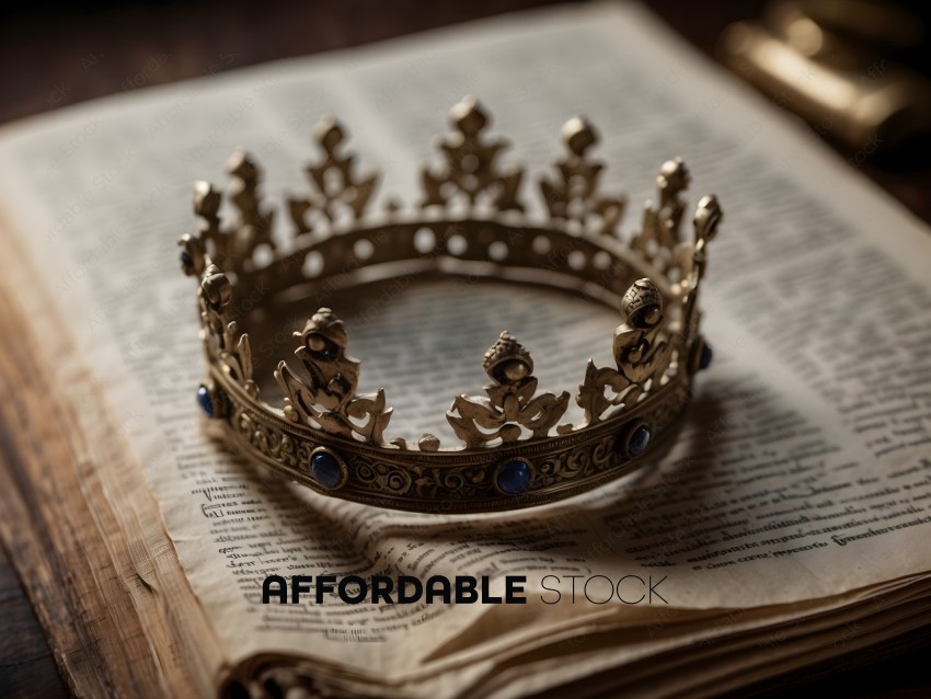 A gold crown sits on a page of a book