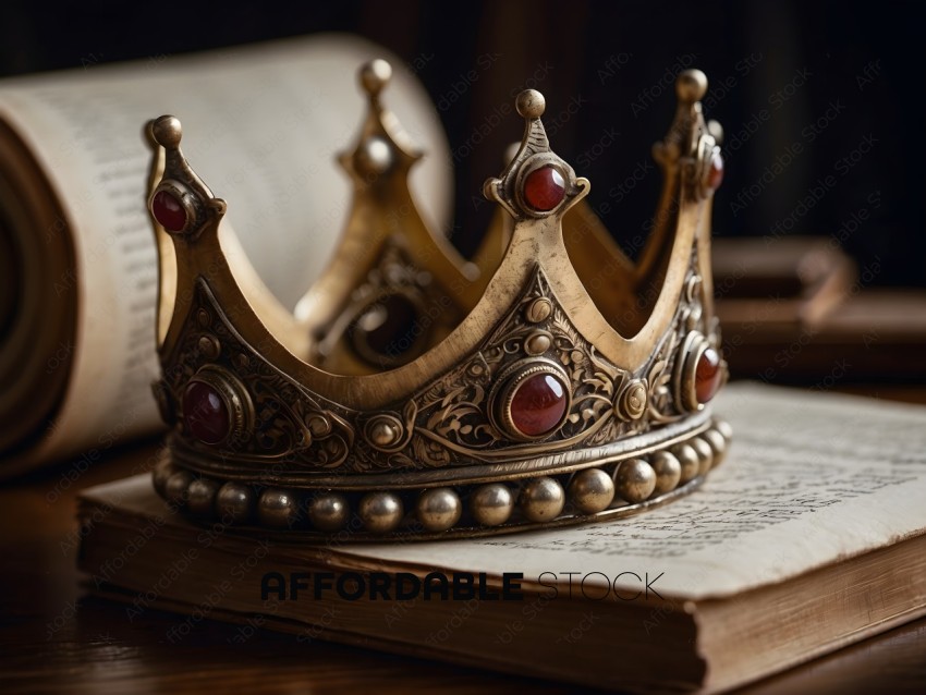 A gold crown with red jewels on a book