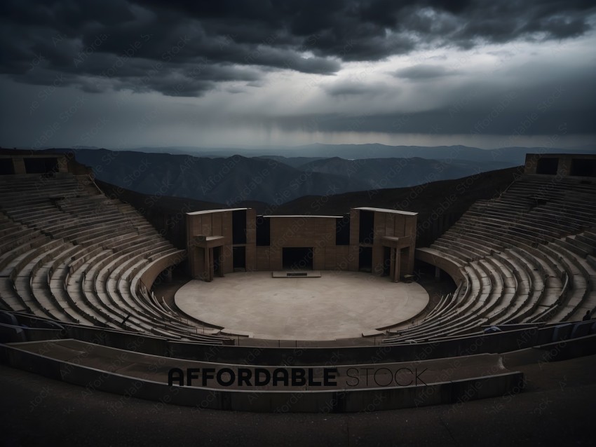 An empty amphitheater with a cloudy sky