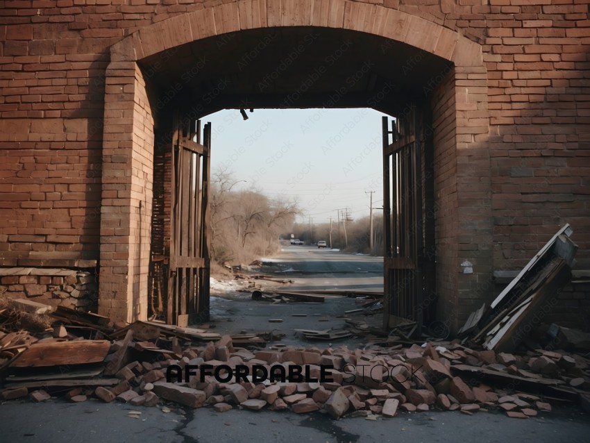 A view of a roadway through a gate with rubble on the ground