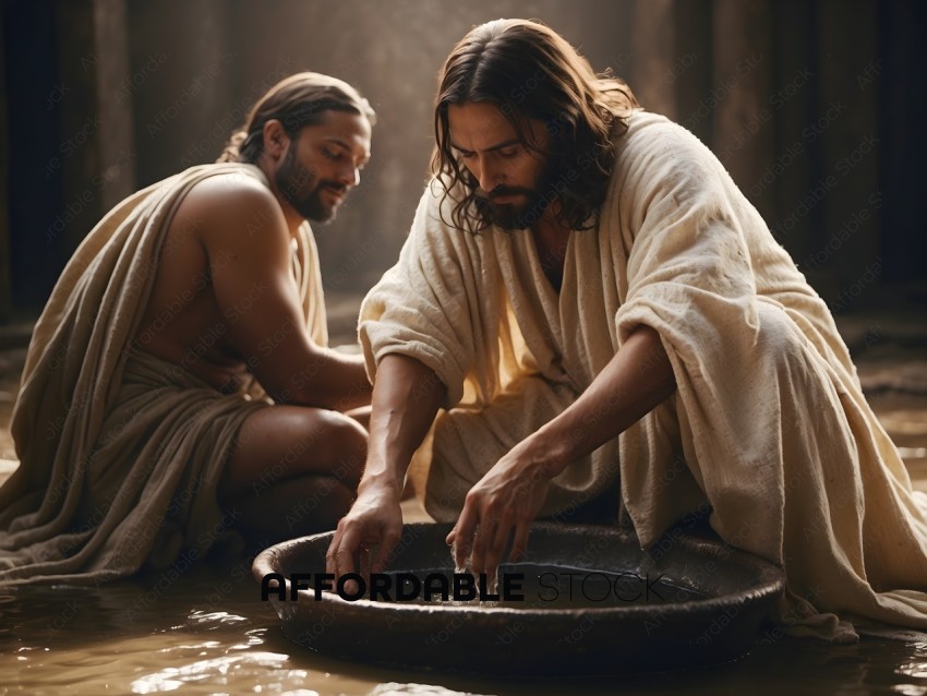 Two men in robes washing their hands in a large bowl