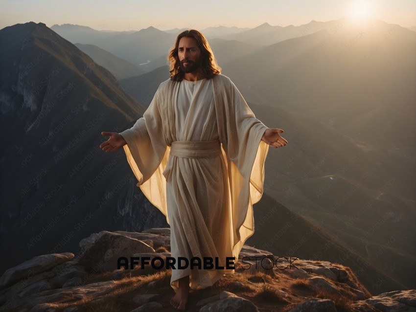 Jesus standing on a mountain with his arms outstretched